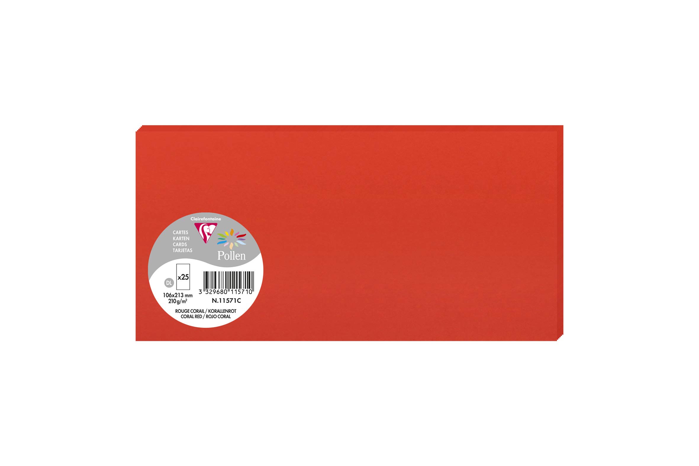 Clairefontaine 11571C Pack of 25 Plain Cards DL format 10.6x21.3cm 210gsm Coral Red Invitation Cards Events Correspondence Pollen range Smooth Premium Paper