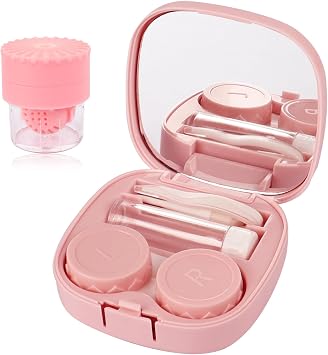 Pink Contact Lens Case with Manual Cleaner Washer - 5-in-1 Portable Contact Lens Remover Tool, Includes Mirror, Tweezers, Remover Tool & Solution Bottle for Daily Outdoor Use