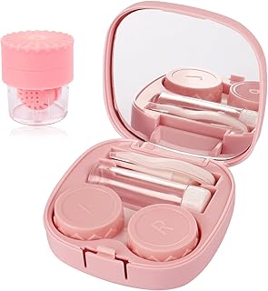 Pink Contact Lens Case with Manual Cleaner Washer - 5-in-1 Portable Contact Lens Remover Tool, Includes Mirror, Tweezers, Remover Tool & Solution Bottle for Daily Outdoor Use