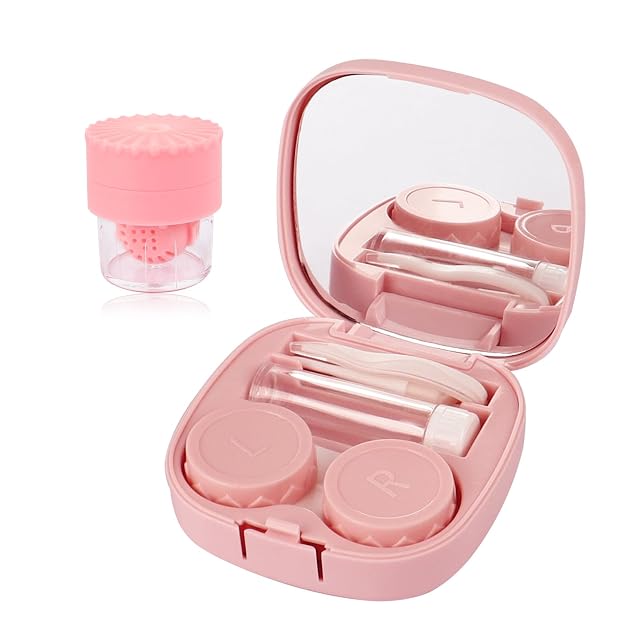 Pink Contact Lens Case with Manual Cleaner Washer - 5-in-1 Portable Contact Lens Remover Tool Includes Mirror Tweezers
