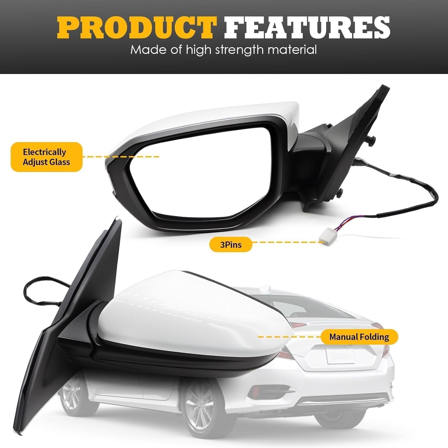 Left Driver Side Mirror Assembly Compatible with 2016-2021 Civic 1.5L 2.0L Non-Heated Power Glass Manual Folding HO1320283 For US Built Models White (3Pins)