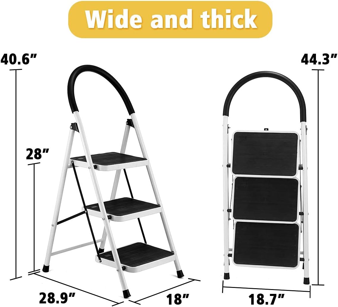 3 Step Ladder, Folding Step Stool with Rubber Wide Anti-Slip Pedal Sturdy Steel Ladder, Steel Ladder Hold Up to 350lbs for Household, Kitchen and Office, Silver (350lbs Capacity) - - 