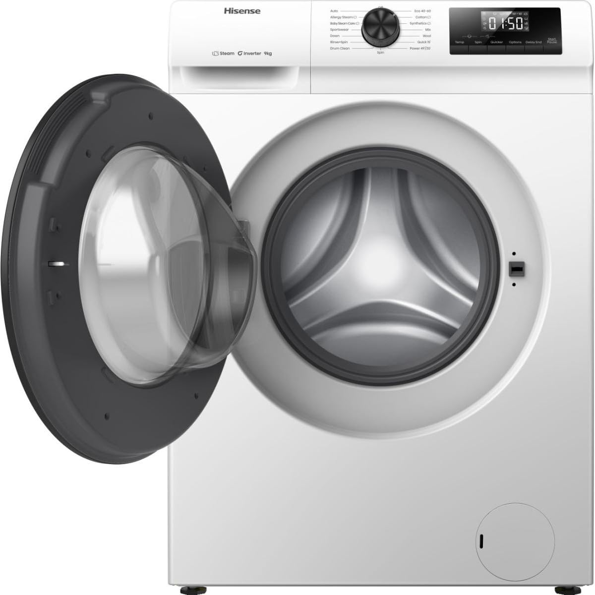 Hisense WF1Q9041BW Lavatrice con Funzione Vapore / 9KG / 1400 Giri/Min / 15 Programmi/Programmi Anallergici/Lavaggio Neonati/AutoWash/QuickWash 15 min/Piumino/Eco 40-60°C/Power 49