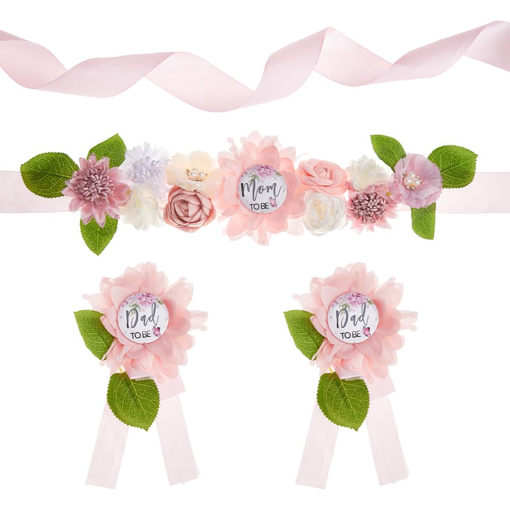 DICOSMETIC Pink Baby Shower Maternity Sash Belly Belt Mom to Be Sash Daddy to Be Corsage Pin Baby Girl Gender Reveal Decorations Pregnancy Photography Props with Waistband and Flower Brooch