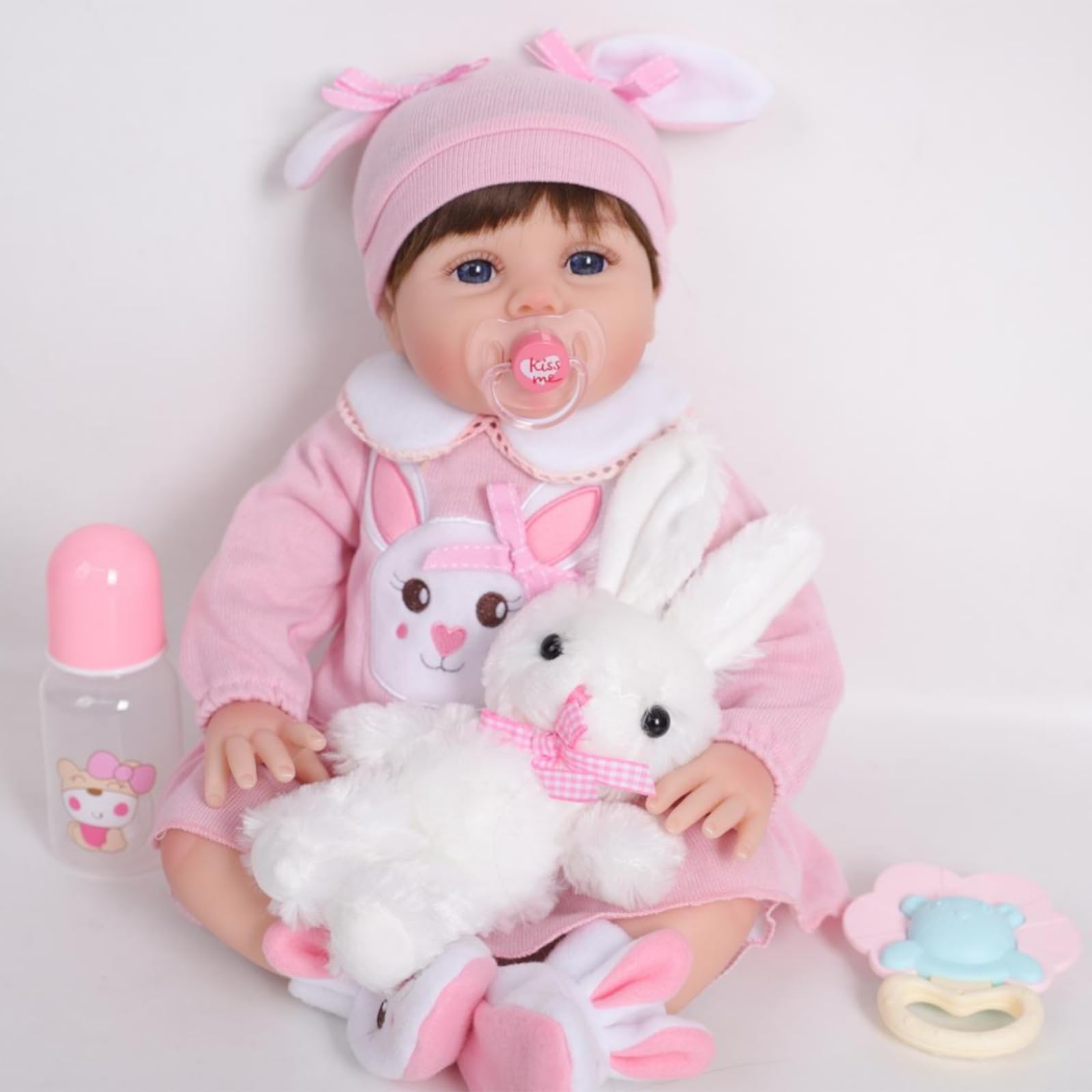 22 Pollici Bambole Reborn realistica bambine 55 cm, corpo imbottito in cotone, tuta a tema coniglio rosa, ciuccio, biberon e Sonagli, regalo per bambini dai 3 anni in su