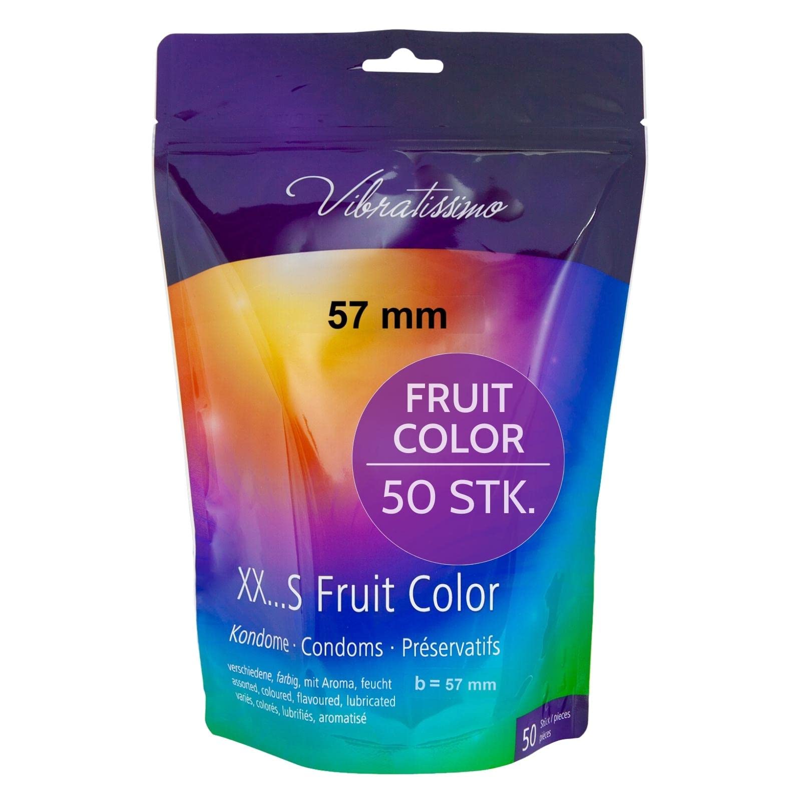 VIBRATISSIMO Kondome Fruit Color 50er Pack | gefühlsecht & extra feucht | for Men | Beutel wiederverschließbar | Bunte | hauchzart | b=57mm