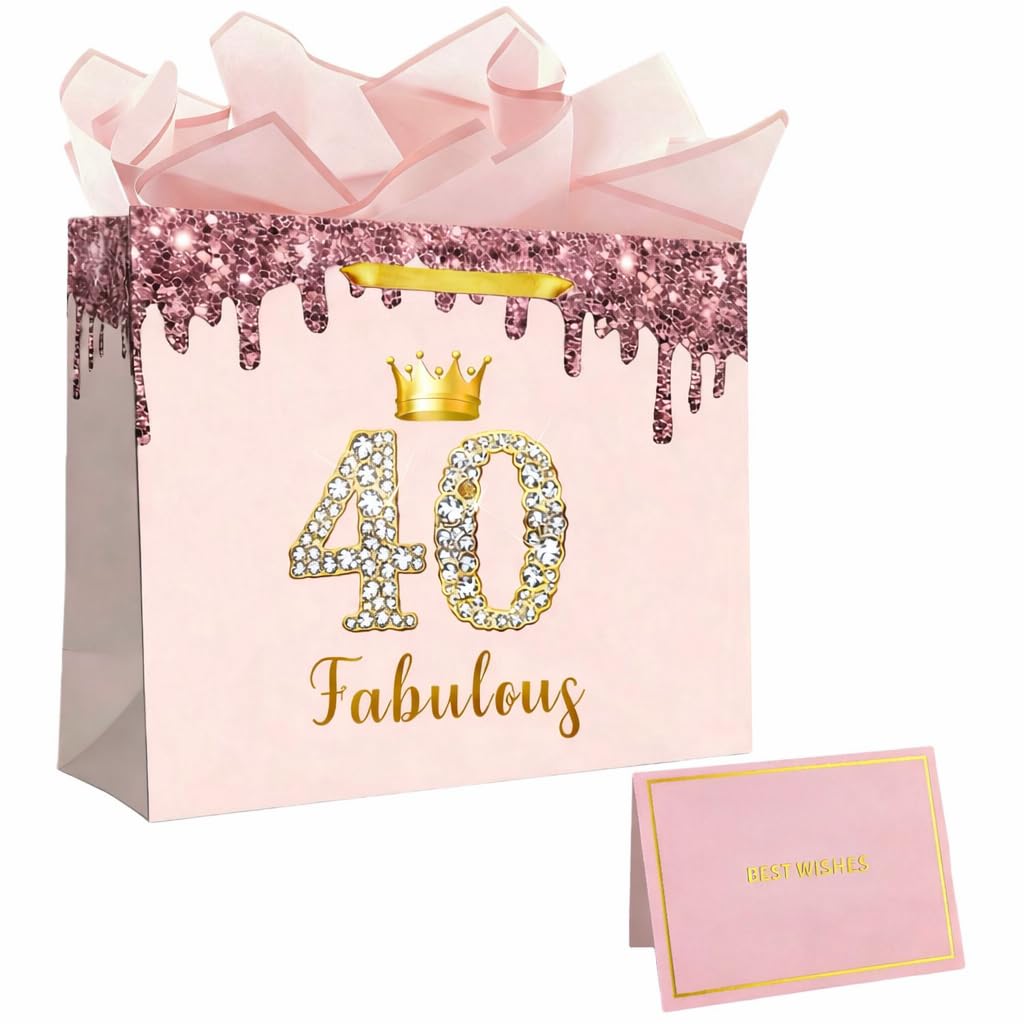 40th Birthday Gift Bag with Card & Tissue Paper for Women | 40th Women's Birthday Gift Bags with Wrapping Paper for Presents & Cards