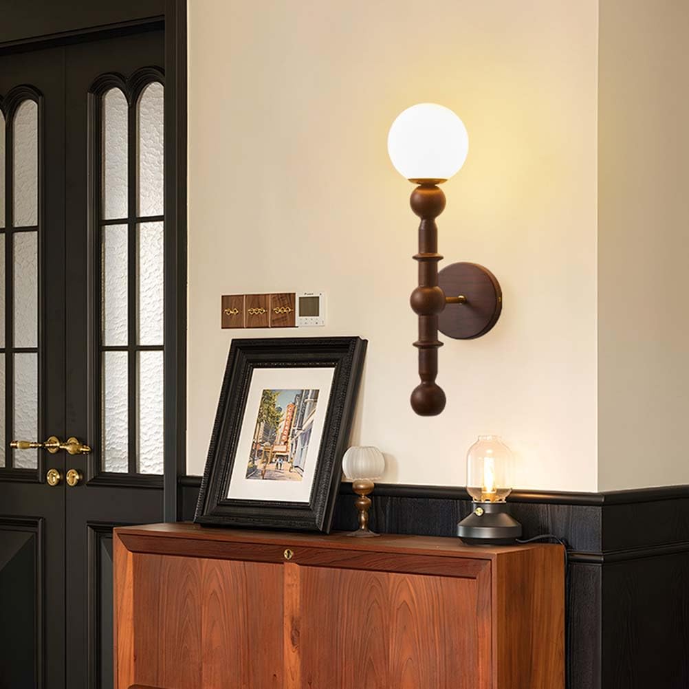 AoLa Holz Wandleuchte E27 Vintage Wandlampe Innen mit Kugel Glas Lampenschirm Nachttischlampe Rund Holz Gestell Retro Industriell Deko Lampe für Schlafzimmer Wohnzimmer Flur Treppe