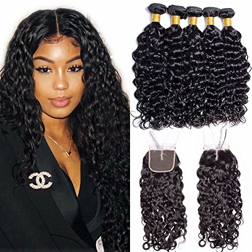 Maxine Brazilian Water Wave Virgin Hair 4 Bundles 100% Unprocessed 9a Human Hair Water Wave Bundles With 4x4 Middle Part Closure (12 14 16 18 with 10,Natural 1#b Color)