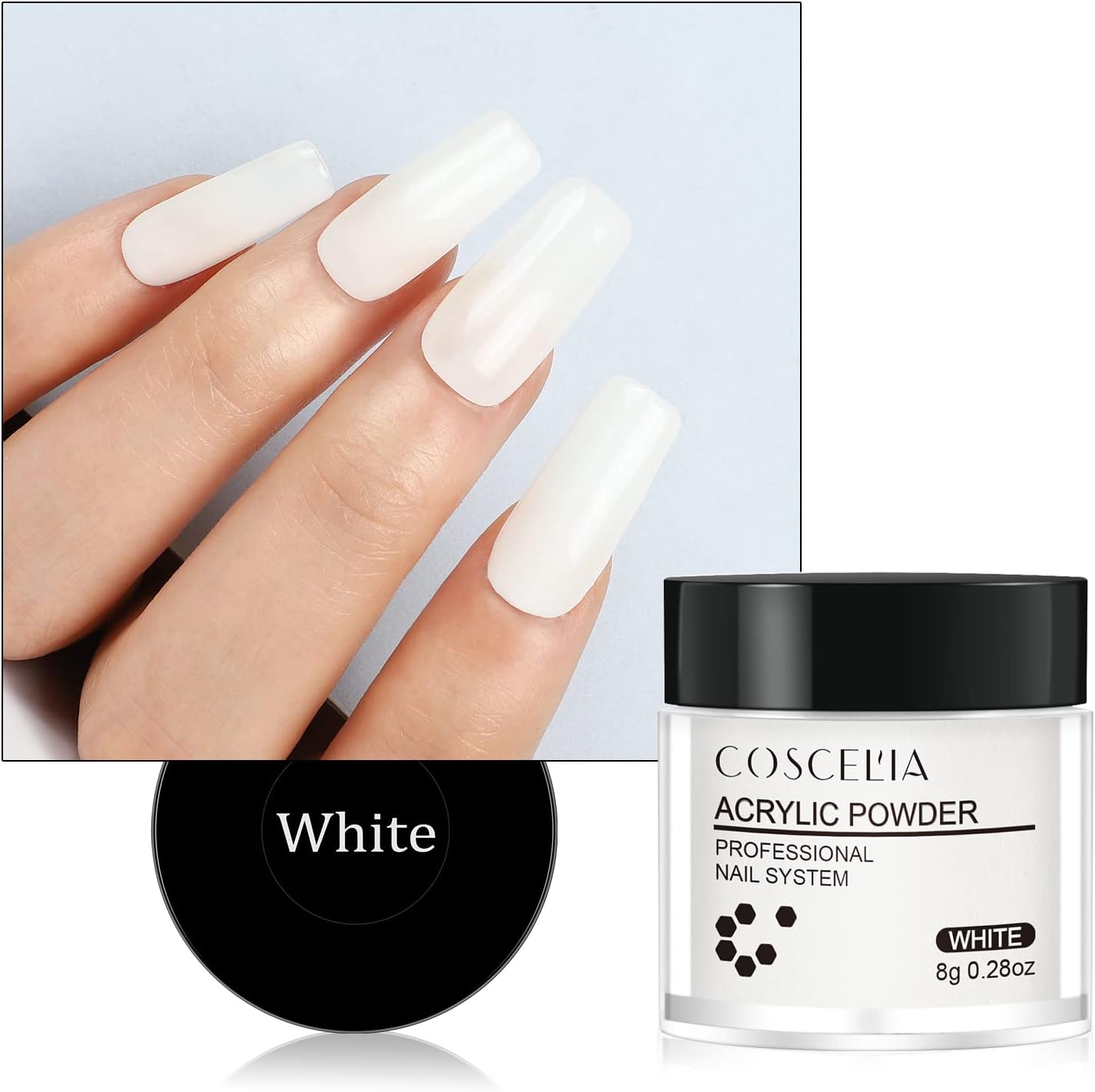 COSCELIA Acrylic Powder, White, Nail Art Natural Fast Dry, No U V Lamp Needed, Salon and Home Use 1pc 8g