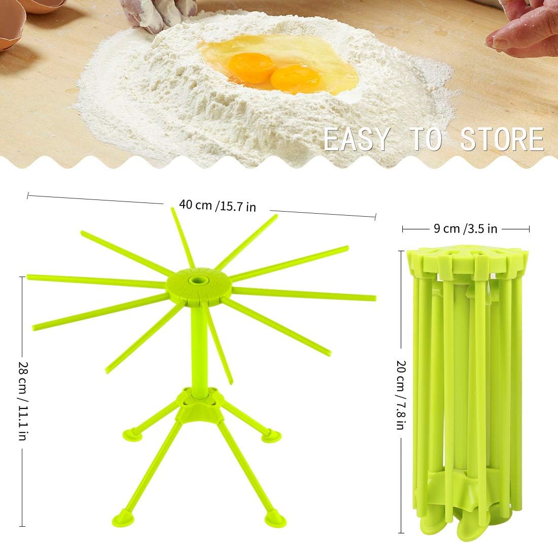 Cambom Foldable Pasta Drying Rack- Plastic Spaghetti Noodle Dryer with 10 Bar Handles (Green)