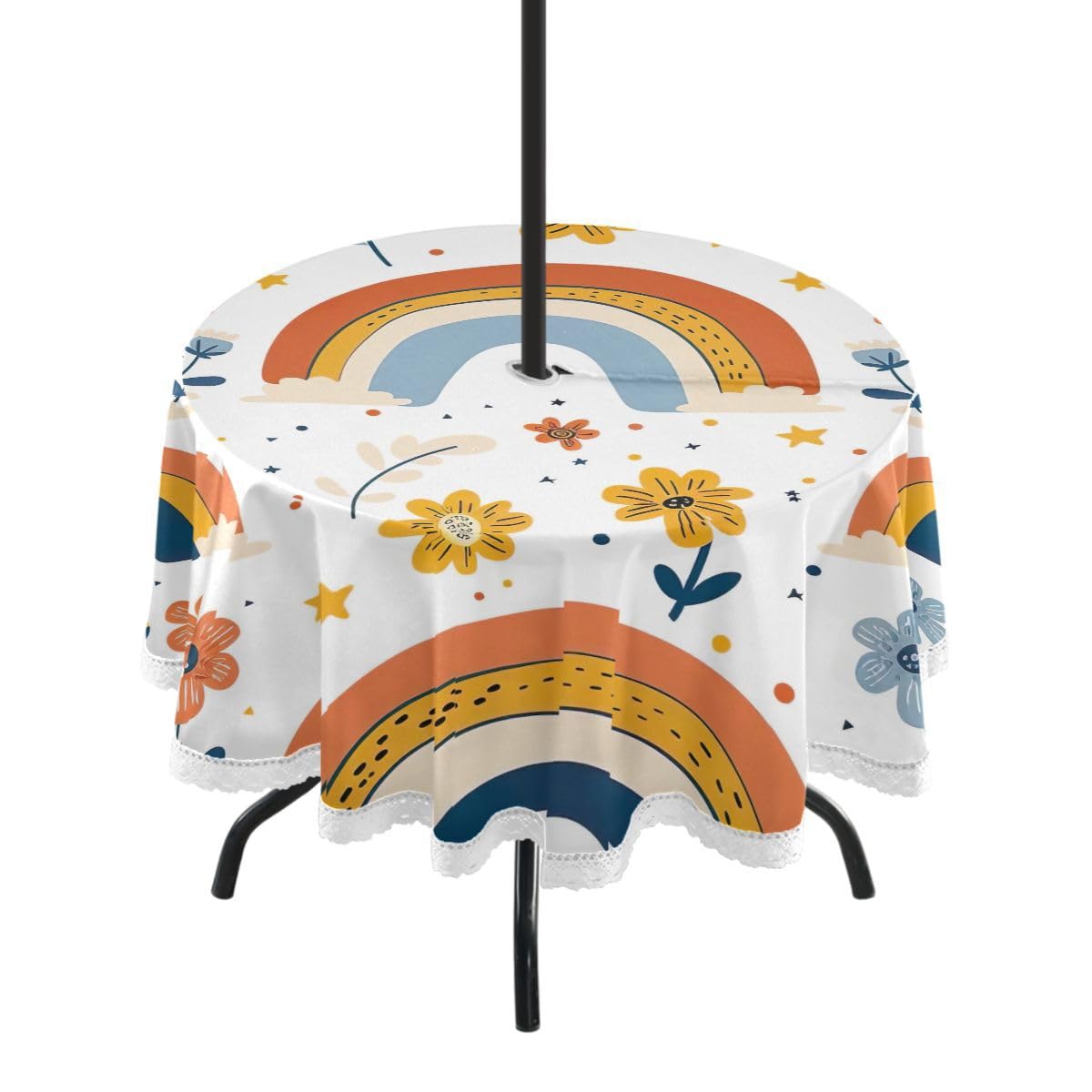Nander Cartoon Rainbow Outdoor Tablecloth 60In,Waterproof with Zipper Umbrella Hole Patio Round Table Cloths for Backyard Parties Picnic BBQs