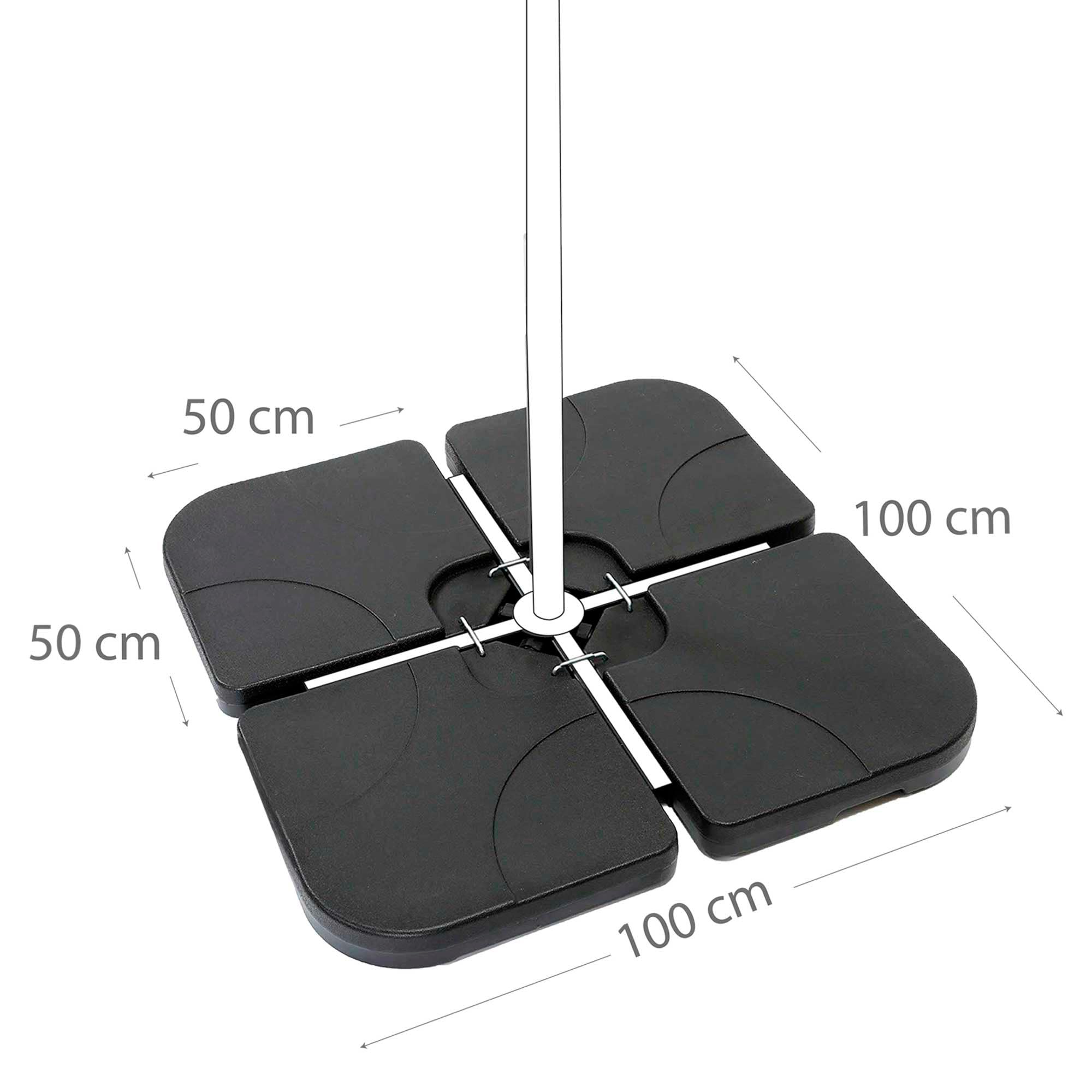 AKTIVE Base per ombrellone riempibile, 4 pezzi in HDPE nero 50x50x7,5 cm, fino a 80 kg con sabbia o 60 l di acqua, con maniglie e sistema di fissaggio (62196)