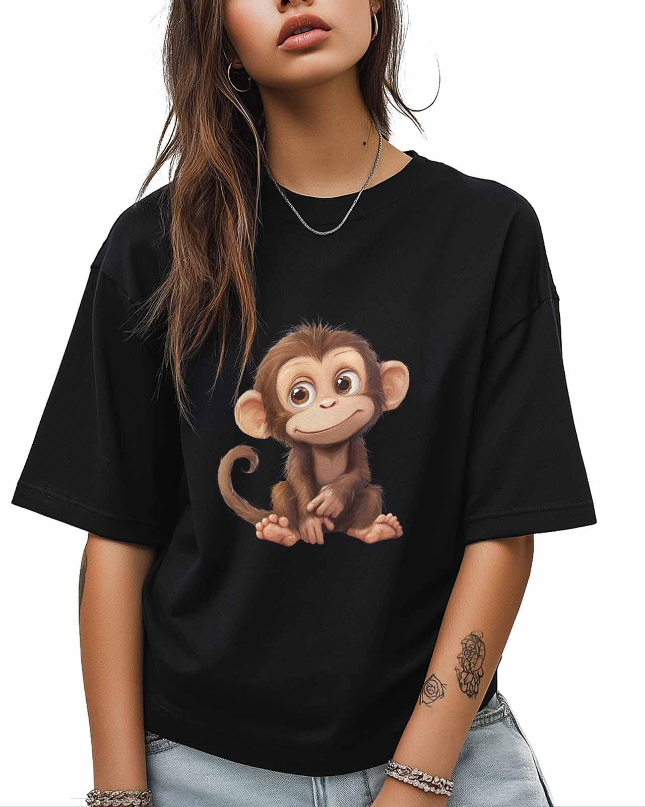 Cute Monkey Funny Animals Women Tops T Shirts Plus Size Graphic Tees Casual Short Sleeve Trendy Crewneck Shirt(Balck, XS)