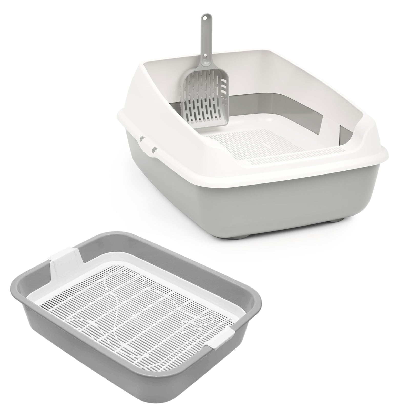 Set Katzentoilette mit Rand und Reinigungssieb und Erste Schalentoilette für Kätzchen Katzenbabys Kaninchen Katzenklo Abnehmbarer Hochrand Reinigungssieb Grau