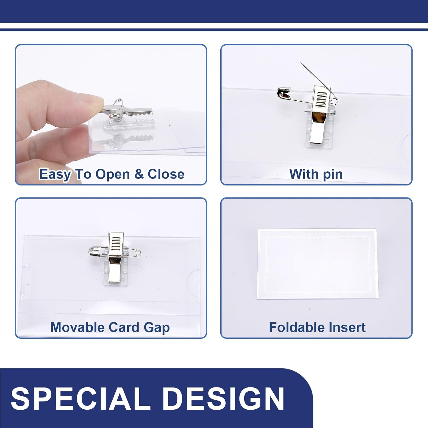 50 Pack Pin Style Name Badge Holders Name Tags with Pins Plastic Name Tag Holder PVC Horizontal Name Badge Holders with 50 Pcs Inserts for Meeting Seminar Show Event and Conference (3.5×2.2 inch) - Image 3