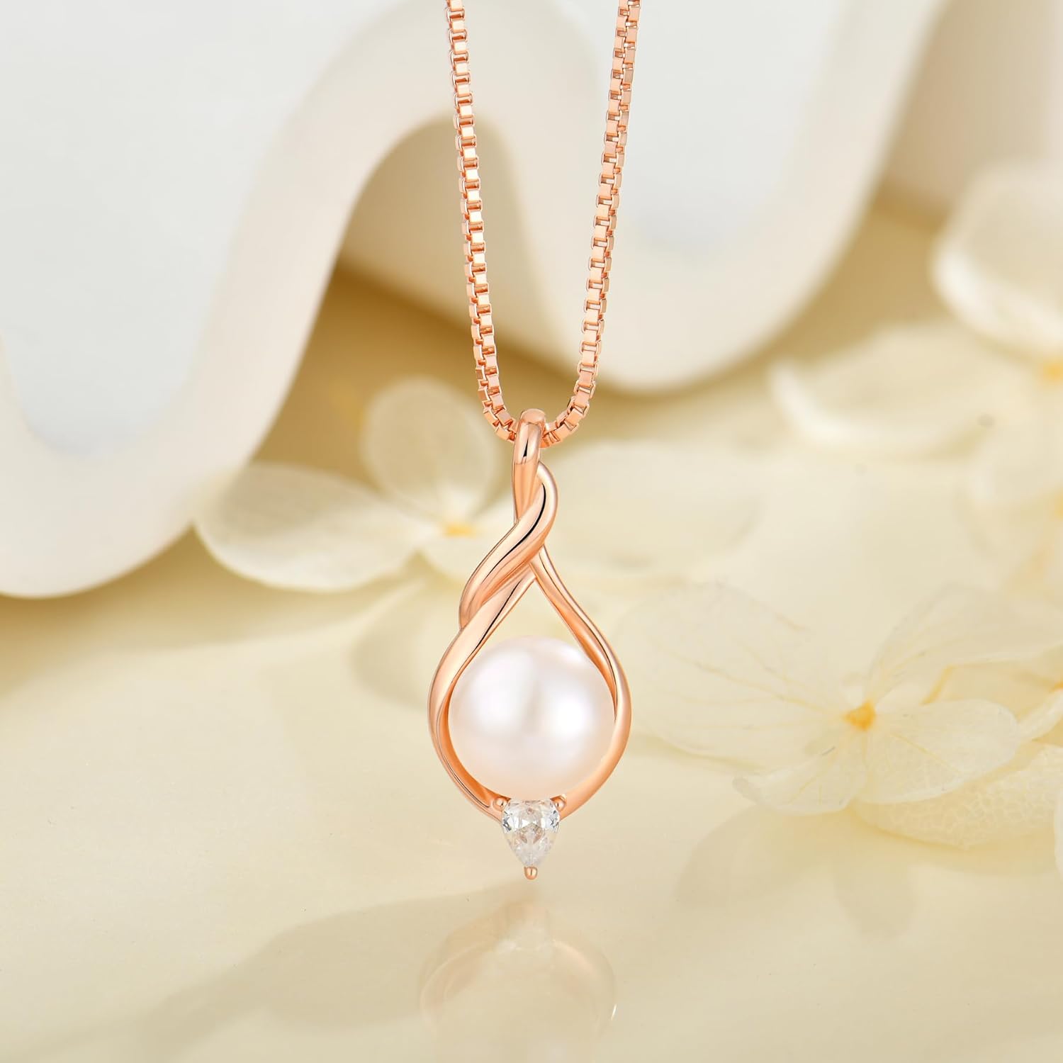 925 Sterling Silver Freshwater Cultured Pearl Pendant Necklace for Women White/Yellow/Rose Gold Plated infinity Cubic Zirconia Single Pearl Necklace - Image 2