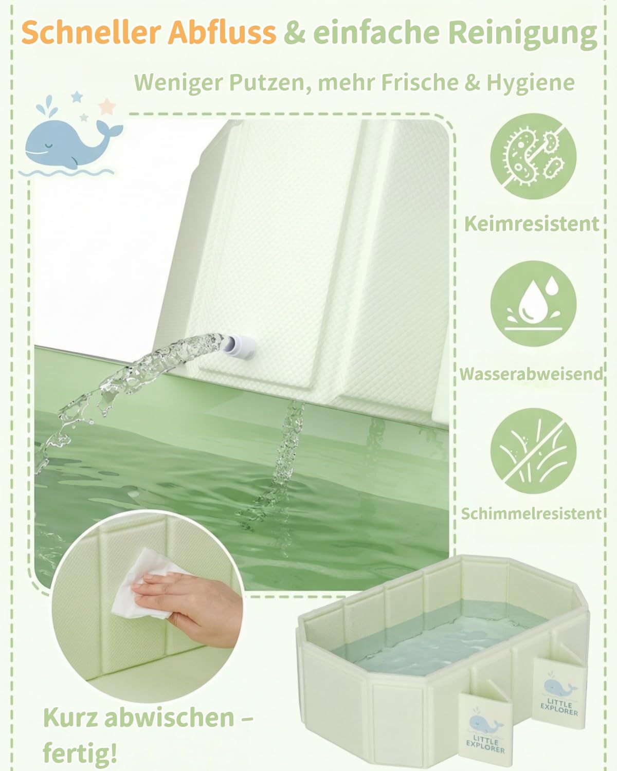Faltbare Babybadewanne für Babys & Kleinkinder von 0–6 Jahren, Klappbare Kinderbadewanne für Bad & Dusche, Mit 4 Stabilen Standfüßen und Ablauf, Platzsparend & Leicht (Grün)