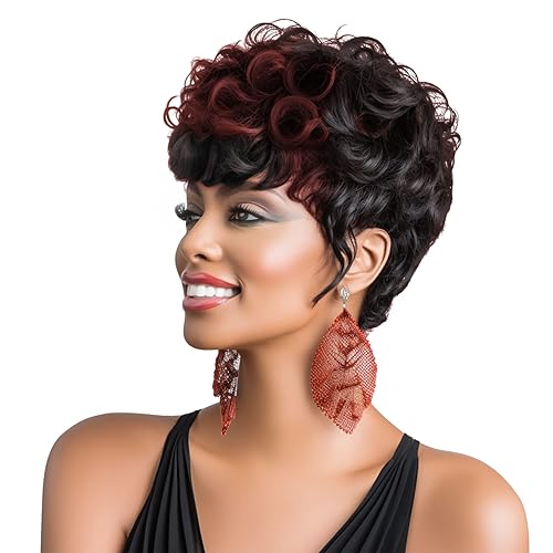 DOcute - Pelucas cortas de vino rojo estilo pixie para mujeres negras, pelucas cortas para mujeres negras, corte pixie natural negro y burdeos para