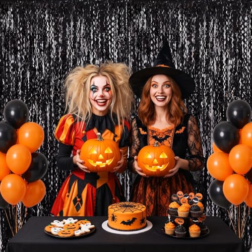 Image of TONIFUL 2Pcs Wavy Black Metallic Tinsel Foil Fringe Curtains Streamers | 3.3ftx6.6ft Photo Booth Backdrop Tinsel Streamer Curtain, Props for Bachelorette Birthday New Year Graduation Halloween Decor