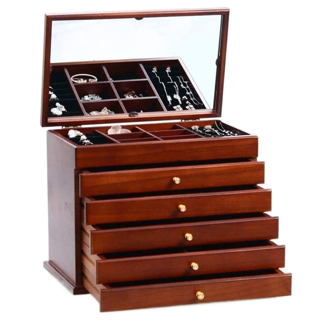 TIANQIHAO Jewelry Box Wooden Jewelry Box For Women With Mirror 5 Drawers Velvet Jewelry Organizer Large Jewelry Case For Earring Bangle Jewellry Holder,B-32 * 20.5 * 25cm