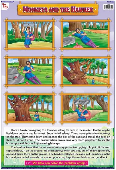 TMS04E | TEACHINGNEST Monkeys and the Hawker Chart | Moral Story | Laminated 33x48 cm (13x19 inch) | Wall Sticking