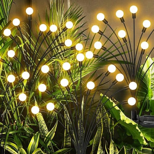 HJB VISSO 2 Pack Solar Garden Lights, Solar Swaying Light, Sway by Wind, 8 LED Warm White Solar Outdoor Lights, New Upgraded, High Flexibility Iron Wire & Heavy Bulb Base,Yard Patio Pathway Decoration