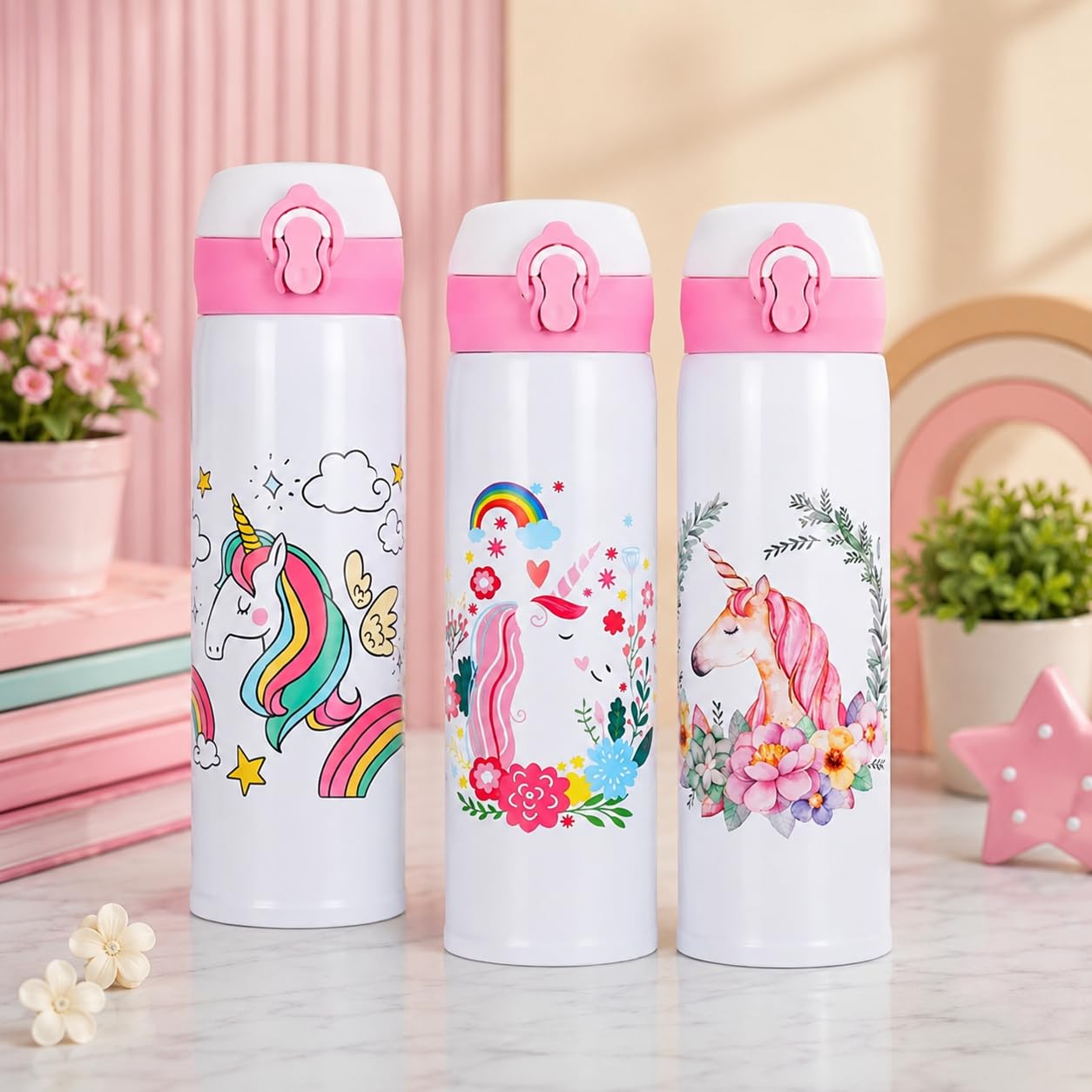 IKTU Unicorn Water Bottle for Girls, 1 Stainless Steel Flask, White | Leakproof Lid • Vacuum Insulated • SUS304 Steel • Lightweight • School & Travel • 500ml Capacity-image-22