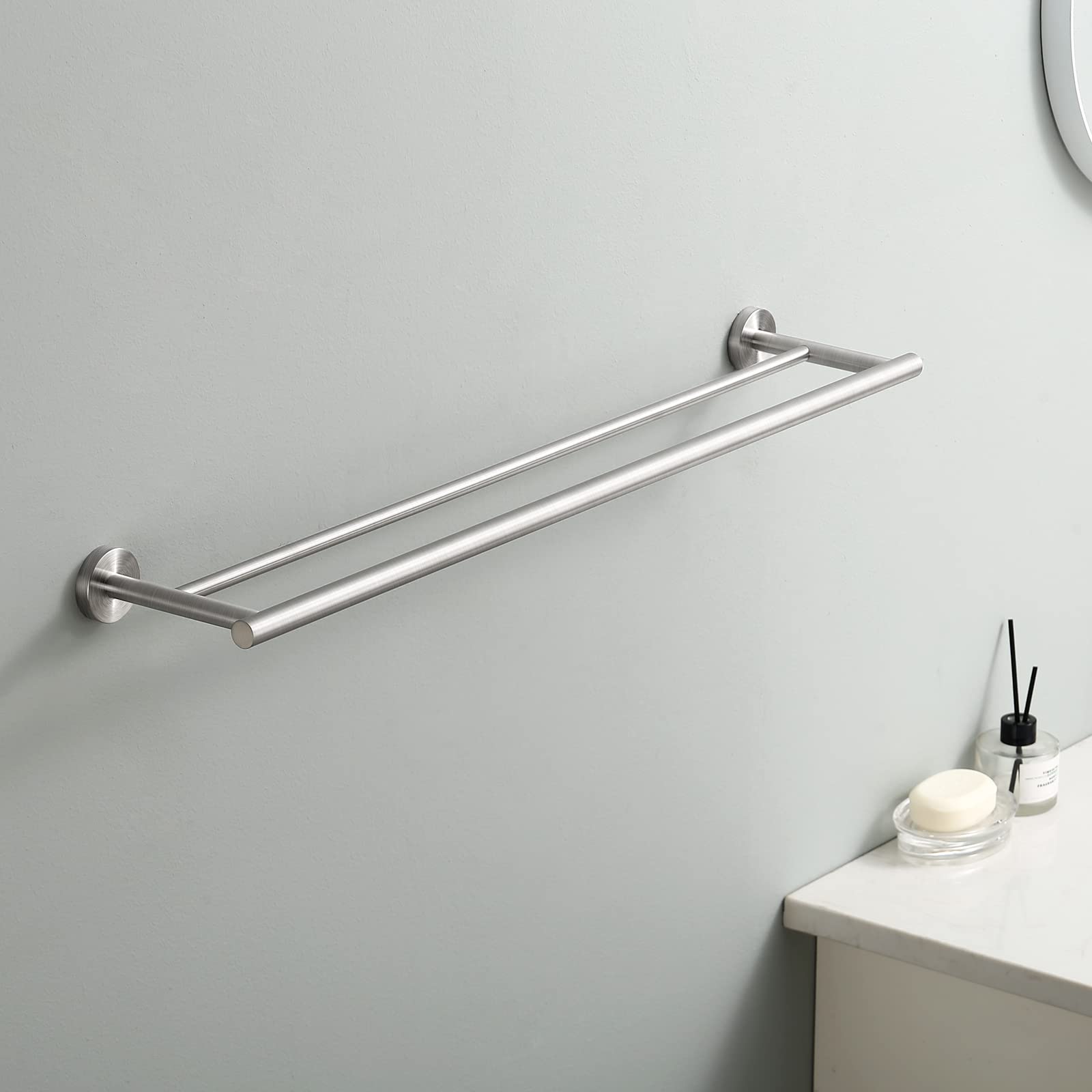 KES Double Porte-Serviettes en Acier Inoxydable Porte-Serviettes de Salle de Bain Cintre Mural Double Rail de Douche Rond Style Moderne Finition Brossée 75CM, A2001S75-2