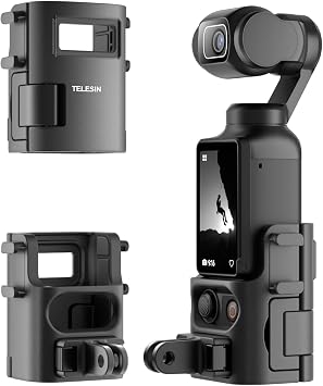 TELESIN expansion adapter for DJI Osmo Pocket 3, double cold shoe protective cage with removable double claw adapter (front/rear key) and safety lock, pocket 3 action quick release