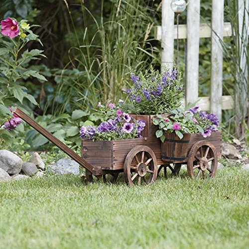Large Garden Planters,Wooden Wagon Planter Rolling,Outdoor Planters
