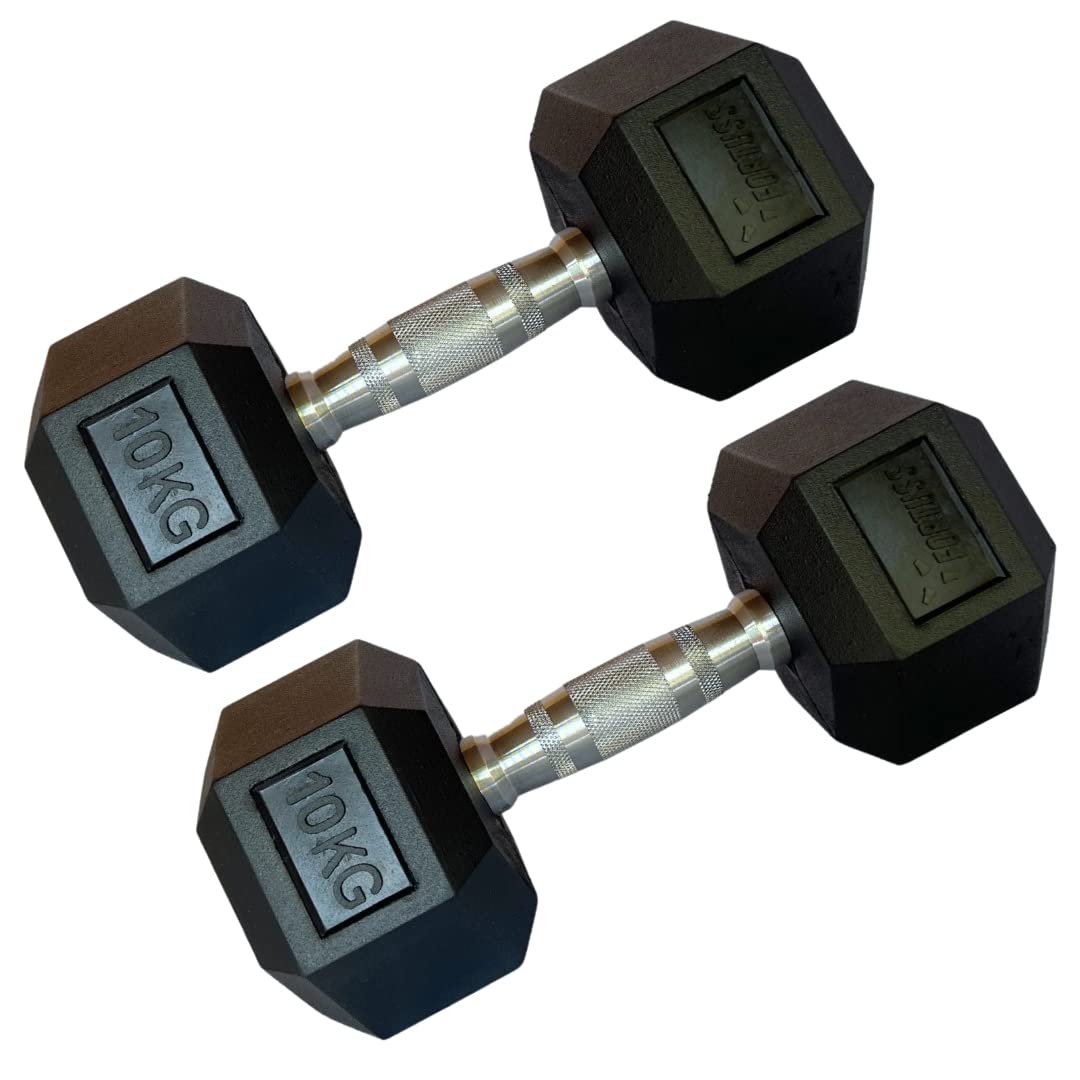 FORTUSS Pair of 10 KG Rubber Encased Hex Dumbbell - Anti-Roll, Anti-Slip Hand Weights with Chrome Handles for Strength and Weight Training at Home & Commercial Gyms - Sizes 2.5 KG – 15 KG