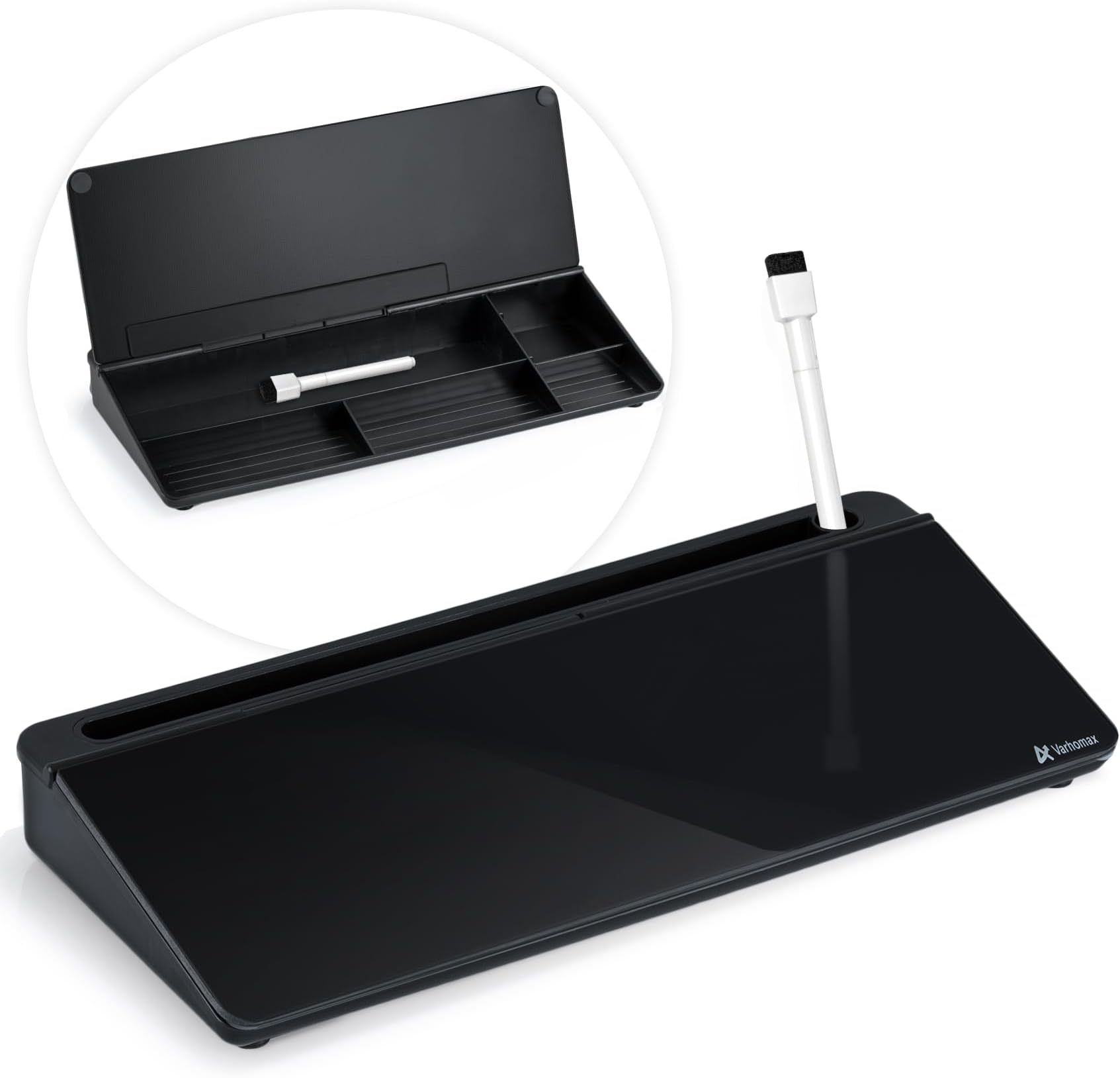 Varhomax Desktop Whiteboard with Storage, Desk Organizer Dry Erase Glass White Board to-do List Memo Notepad for Home Office and School Supplies (Black)