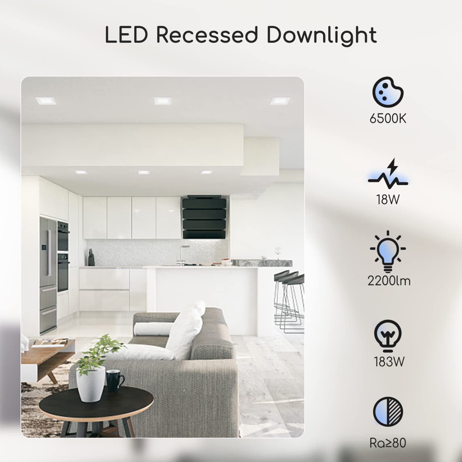 Aigostar 18W Downlight LED Techo Empotrable, 6500K Luz Frío, 2200LM, Ф190-200mm, Foco Empotrable LED Techo para Sala de Estar, Dormitorio, Cocina, Blanco, Cuadrado, 6 Uds