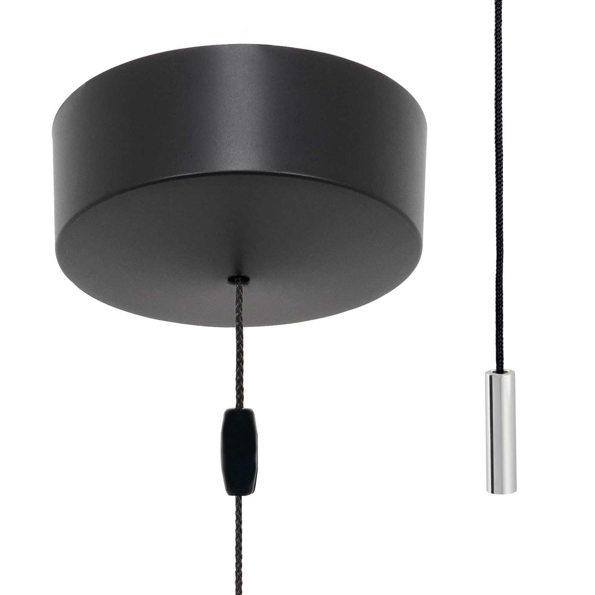 ElekTek Matt Black Bathroom Ceiling Light Pull Cord Switch with Chrome Mini Cylinder Fob Handle, 6A 250V, 1 Way + 2 Way