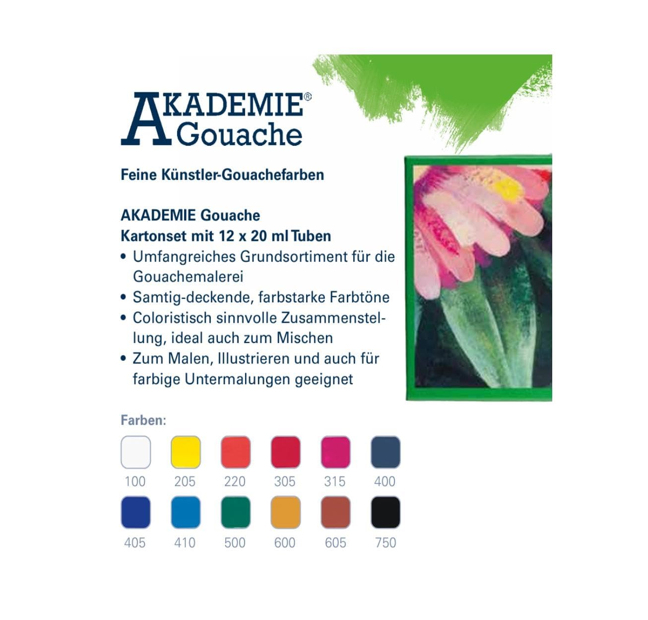 Schmincke - AKADEMIE® Gouache, 12 Tuben à 20 ml + 1 Pinsel und 1 Karte