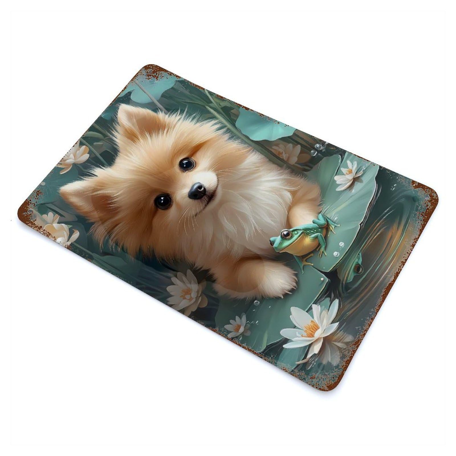 Rust Effect Pomeranian And Frog Animal Weathered Tin Sign 11.8"x7.9", Novelty Wall Decor for Office, Studio And Wall Decor