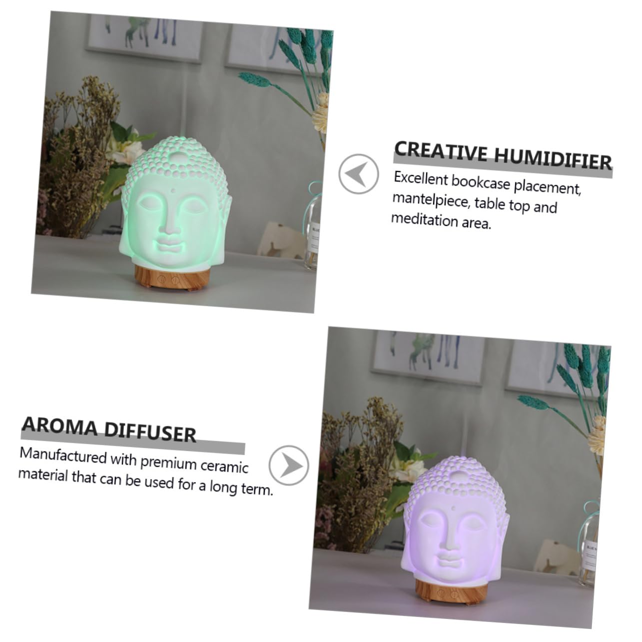 Keramik Aromadiffusor in Buddha Kopf Form, Weiß, 1 Stück | Schall, Farbiges Licht, Leiser Betrieb, Dekorativ, Schlafzimmer und Hotel