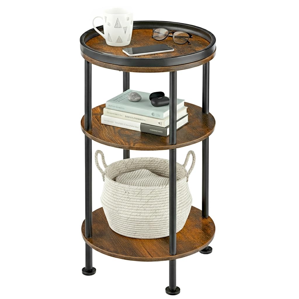 Small Round Side Table with Tray Top (Patented Design), 11.8" Narrow End Table for Small Spaces, 3-Tier Industrial Nightstand, Original Rustic Accent Furniture for Living Room Bedroom, Rustic Brown