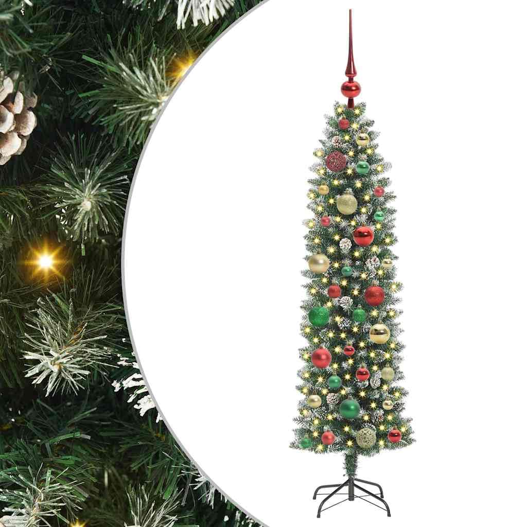 Albero di Natale artificiale sottile verde e bianco 120 cm con 183 punte in PVC, 150 luci LED bianco caldo, 8 modalità di funzionamento USB, per interni, decorazione festiva