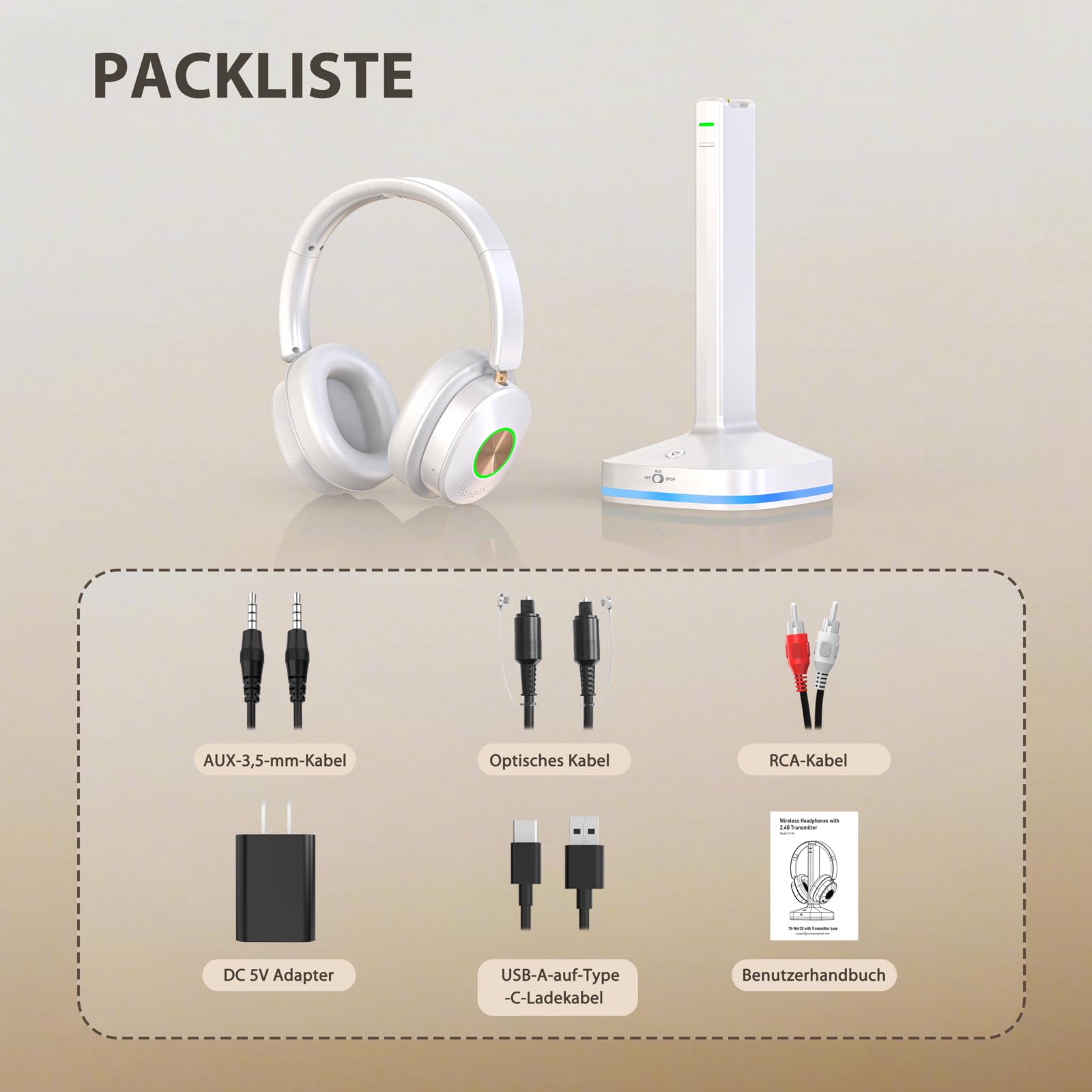 Earbay TV Kopfhörer kabellos,Fernsehkopfhörer, Funkkopfhörer für Fernseher mit Sender-Ladestation, 3 Audiomodi, Keine Verzögerung, Über-Ohr für Senioren, Plug and Play, Weiß