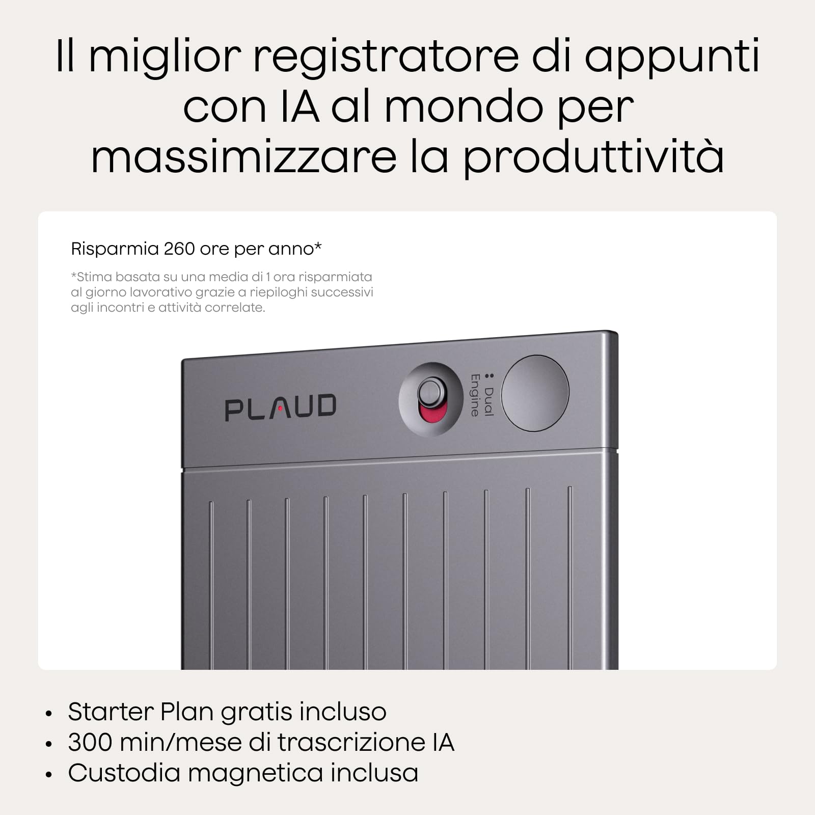 Plaud Note Registratore Vocale AI con Trascrizione per Riunioni e Chiamate | Plaud Intelligence, Riepiloghi AI, 64GB, Fino a 50 Ore, Audio Digitale, Controllo App, Supporto 112 Lingue, Custodia Inclusa