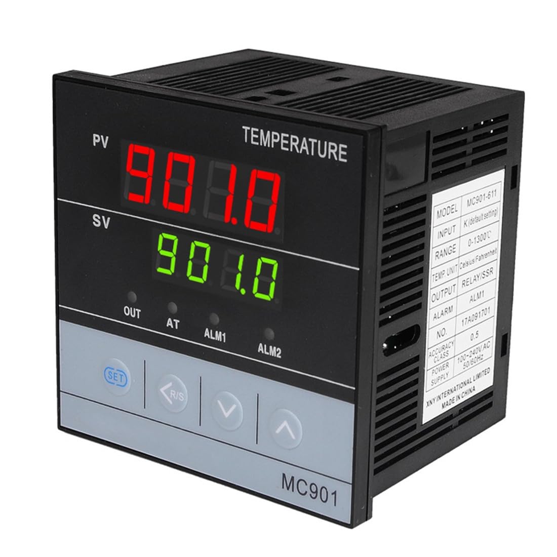 MC901-611 - Regulador de temperatura digital, 0-1300 °C, alta precisión, entrada universal (K/J/T/E/S/R/B/Pt100/Cu50), montaje en panel frontal con alarma y salida de relé para armarios industriales