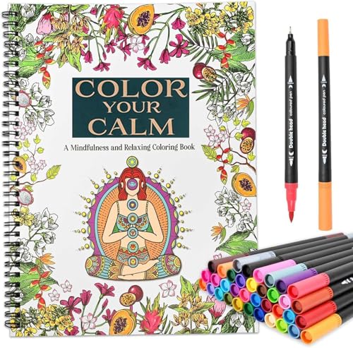 Zylota Libro da colorare per adulti e pennarelli, set da colorare per adulti per donne, 30 motivi rilassanti, rilegatura a spirale, libri da colorare per donne e uomini
