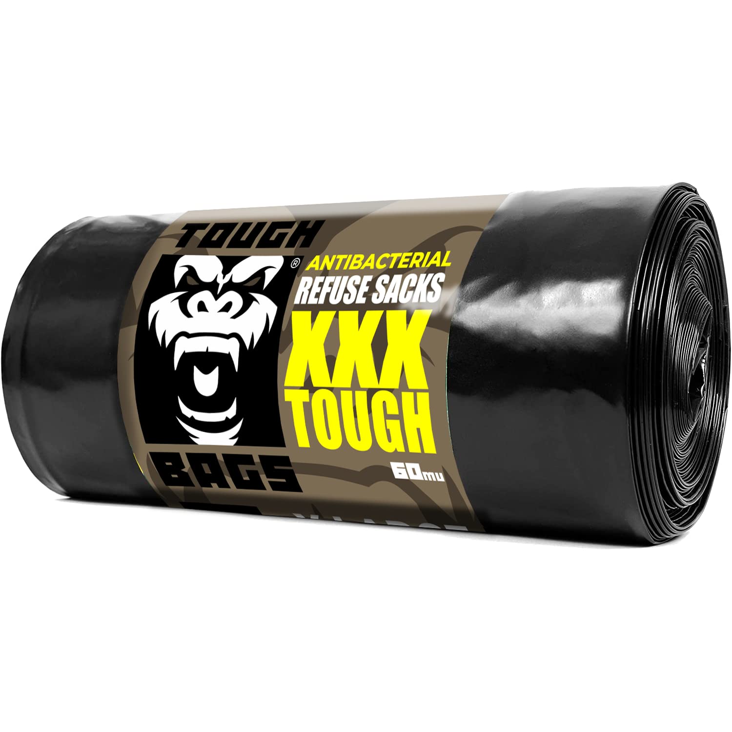 TOUGH BAGSTOUGH BAGS Antibacterial X-Large Refuse Sacks - 85 x 117cm 60 μm, 10 Bag Roll - XXX Tough & Strong Bin Liners Bin Bags - Perfect for Domestic, Commercial and Industrial Environments.
