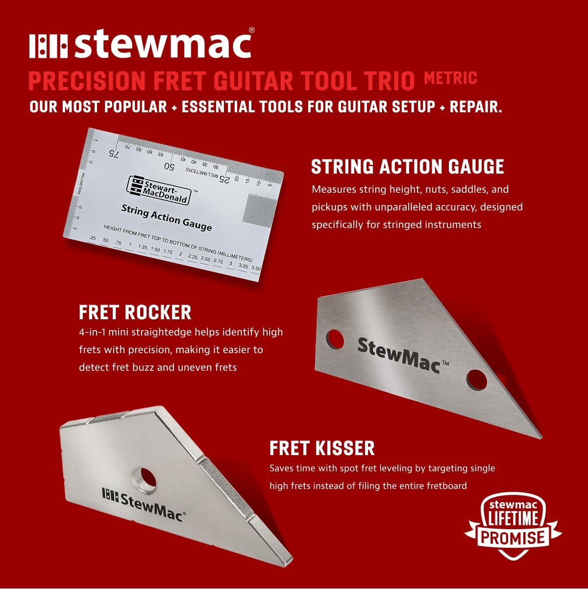 StewMac Precision Fret Guitar Tool Trio, Metric – String Action Gauge, Fret Rocker, Fret Kisser for Guitar Setup & Repair
