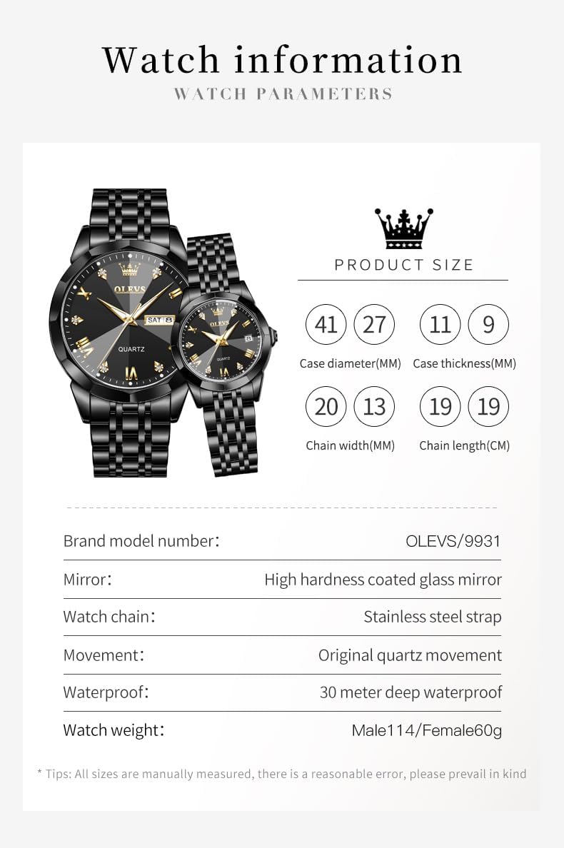 OLEVS Valentines Couple Pair Quartz Watches Luminous Calendar Date Window 3ATM Waterproof, Casual Stainless Steel His and Hers Wristwatch for Men Women Lovers Wedding Romantic Gifts Set of 2 - Image 7