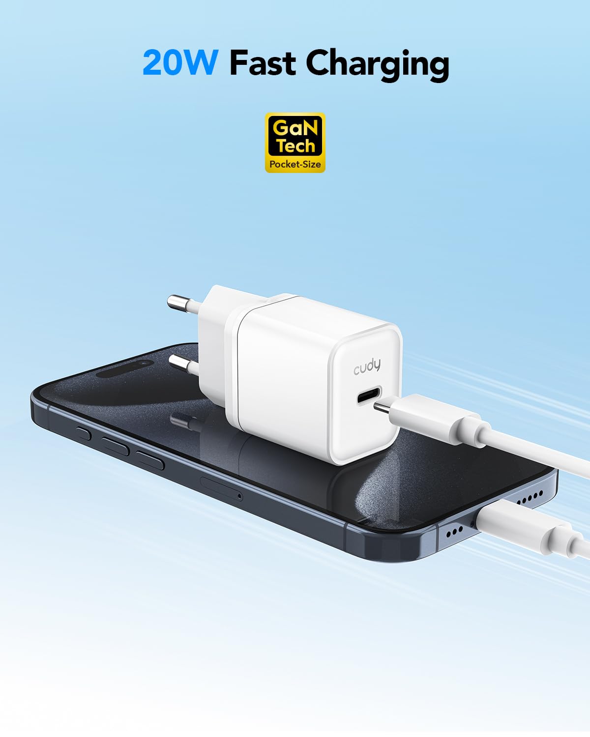 Cudy Caricatore USB C, 20 W USB-C Presa Di Ricarica Rapida E QC/PD 3.0 GAN Tech Parete Adattatore Charger Tipo C Per iPhone, iPad, Samsung, Xiaomi, Sony, CH20