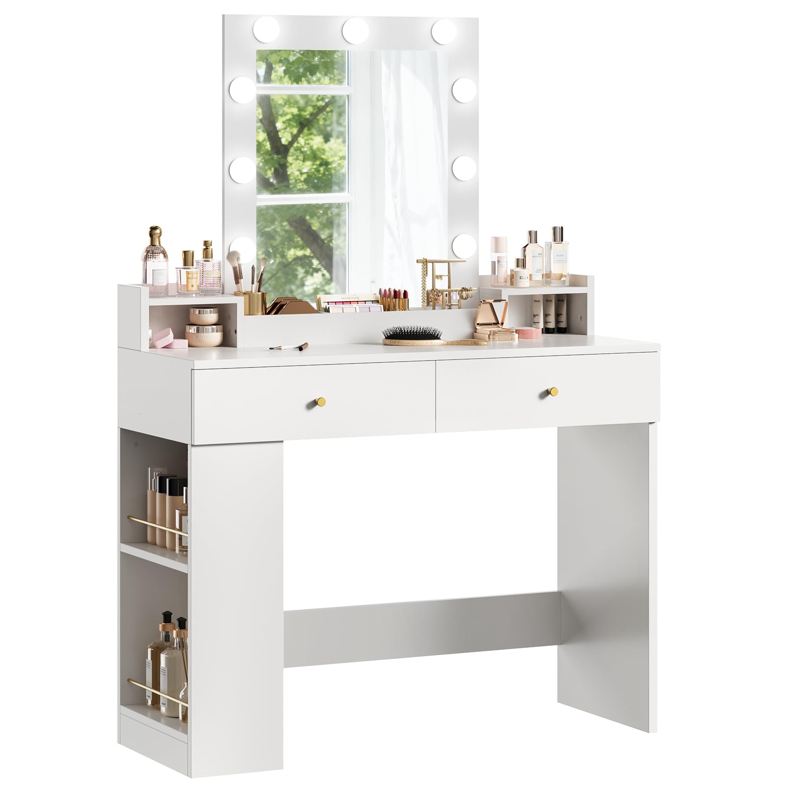 RALGEND Toeletta Trucco con Specchio e LED Regolabili, Postazione Trucco da Bianca con Cassetti e Scomparti Aperti, Tavolo per Camera da Letto e Spogliatoio, Bianco