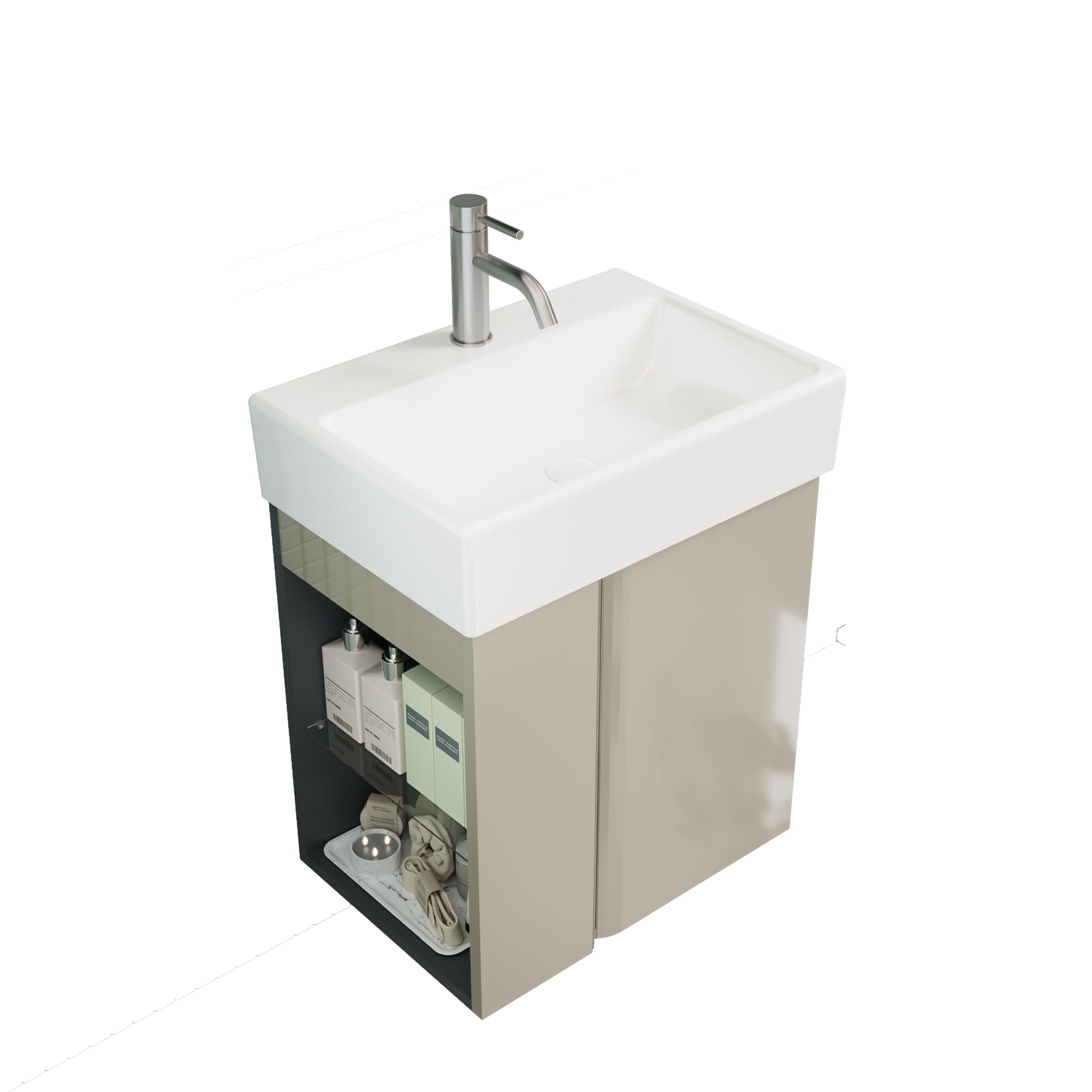 Mobiletto Da Bagno Da 50 cm Con Lavabo in Ceramica Per Wc Ospiti, Mobile Compatto Per Piccoli Spazi, Tortora Lucido